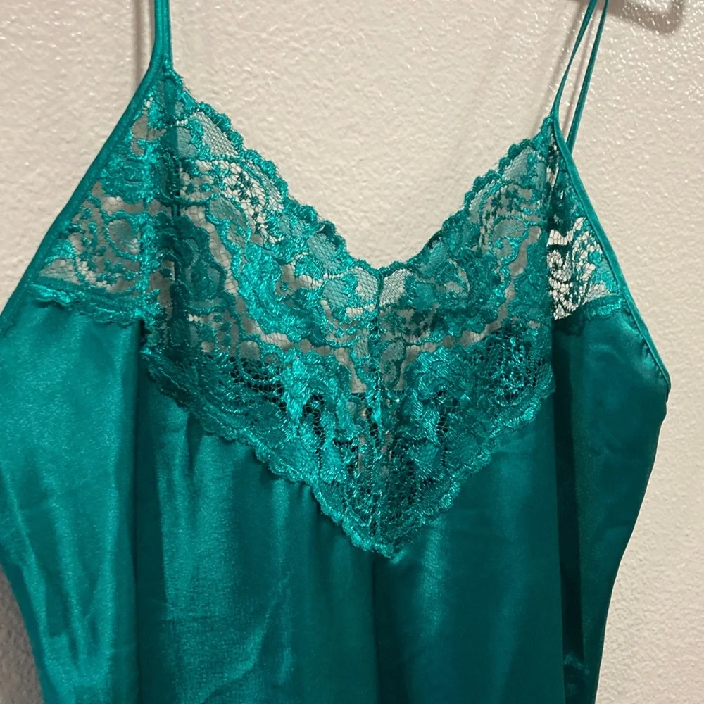 Vintage 90s y2k Alexandra Nicole Green Lace Satin Slip Dress jewel tone sz XXL - Picture 10 of 12